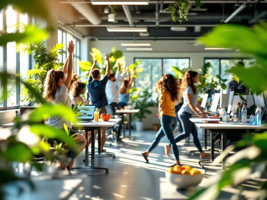 Professionals stretching en yoga doen aan sta-bureaus in modern kantoor met planten en natuurlijk licht