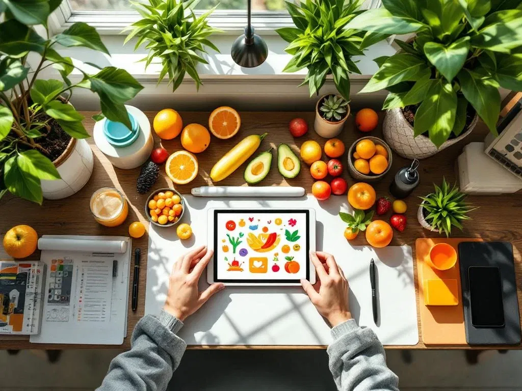 Moderne kantoorwerkplek met groene planten, gezonde snacks en wellnessitems in natuurlijk licht