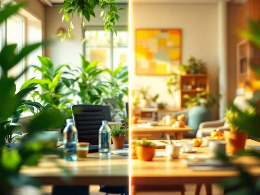 Split-screen kantooromgeving toont levendige werkruimte met planten links en rustige welzijnsruimte rechts voor FITBOX