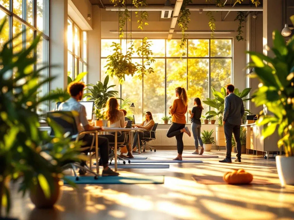 Moderne kantooromgeving met natuurlijk licht, ergonomisch meubilair, groene planten en werknemers die stretchen