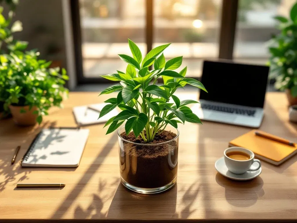 Bovenaanzicht van modern bureau met groene plant in glazen pot, laptop, notitieboeken en thee bij raam met zonlicht