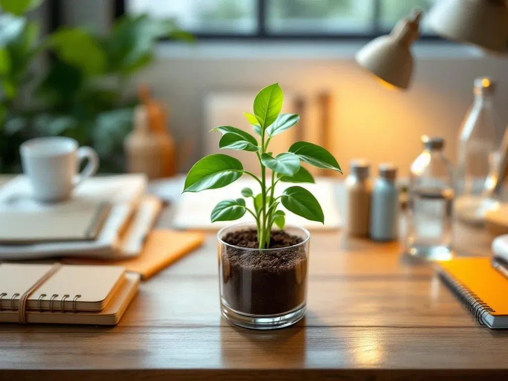 Groene plant in glazen pot op houten bureau omringd door duurzame kantoorbenodigdheden en LED-verlichting