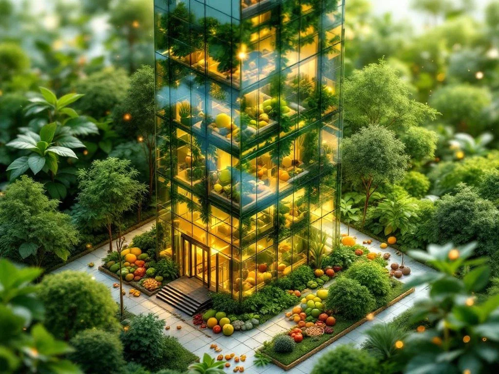 Modern glazen kantoorgebouw van bovenaf met gouden verlichting, omringd door verse groenten, fruit en kruiden