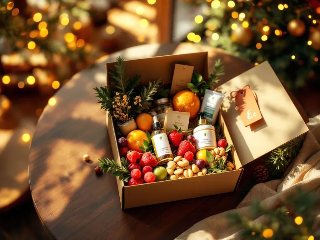 Luxe kerstcadeaubox met biologisch fruit, noten, kruidenthee en wellnessproducten op houten tafel met prijskaartje