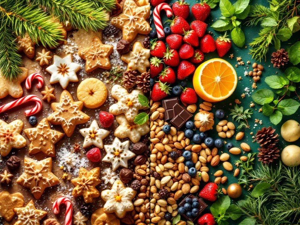 Split-screen vergelijking van traditionele kerstsnoep links en gezonde alternatieven rechts met fruit en noten