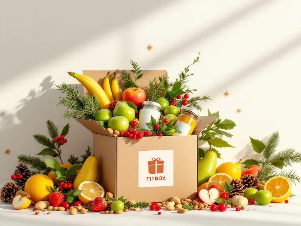 Kerstcadeau doos met biologische vruchten, noten en wellnessproducten die eruit stromen op witte achtergrond