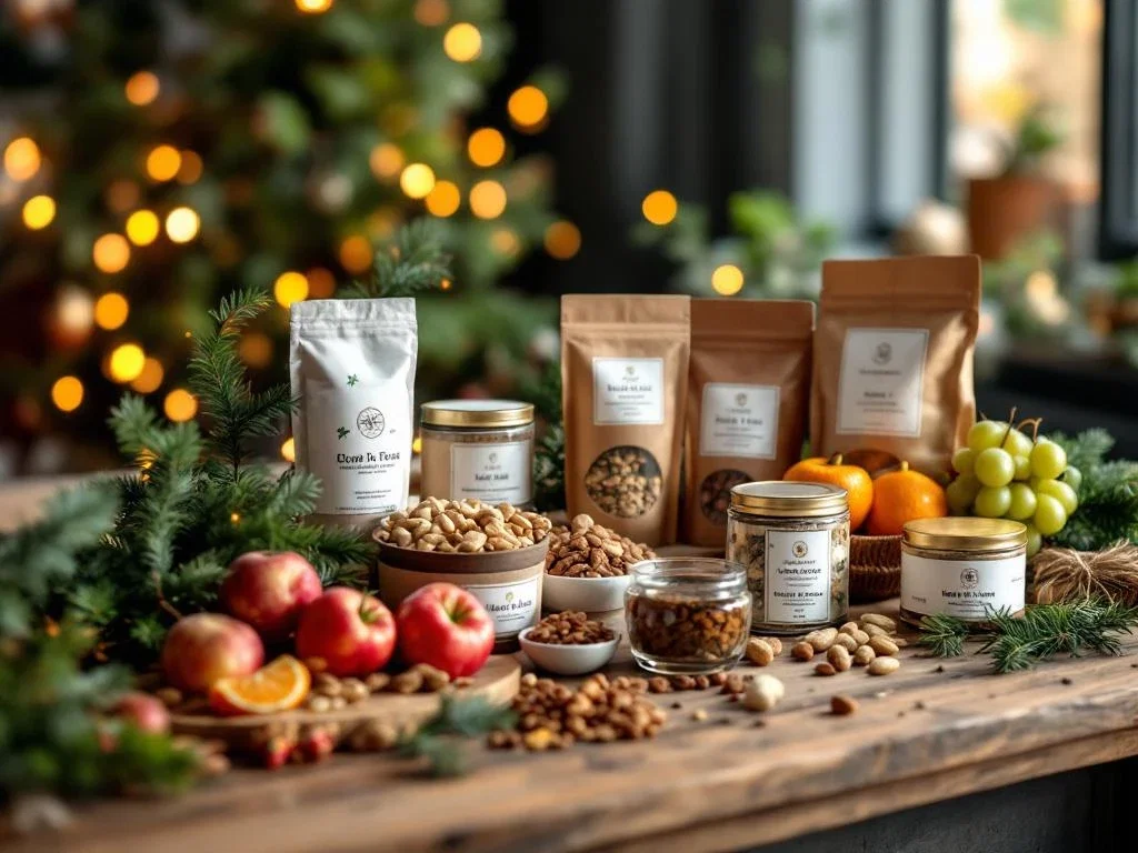 Premium gezonde kerstcadeaus met biologisch fruit, noten en wellnessproducducten op rustieke houten tafel met kerstgroen