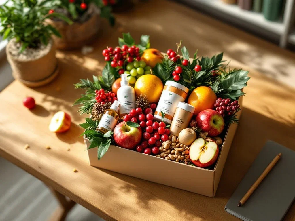 Houten bureau met elegante kerstcadeaubox vol verse vruchten, noten, kruidenthee en wellness producten voor werknemers