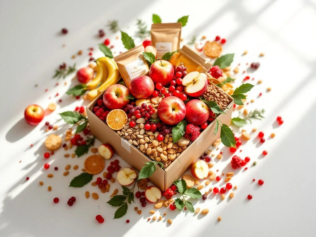 Kerstcadeaubox vol gezonde producten zoals verse vruchten, noten en biologische snacks op witte achtergrond
