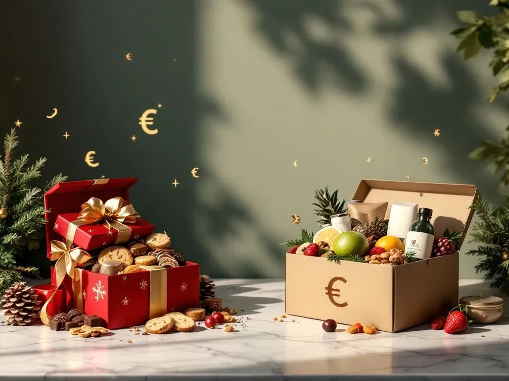 Twee cadeaudozen op marmeren oppervlak: traditionele kerst chocoladedoos links, gezonde snacks doos rechts met prijzen