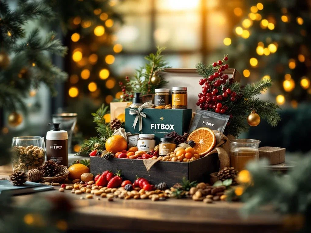 FITBOX kerstcadeau met verse vruchten, noten en wellnessproducten op houten bureau met kerstversiering