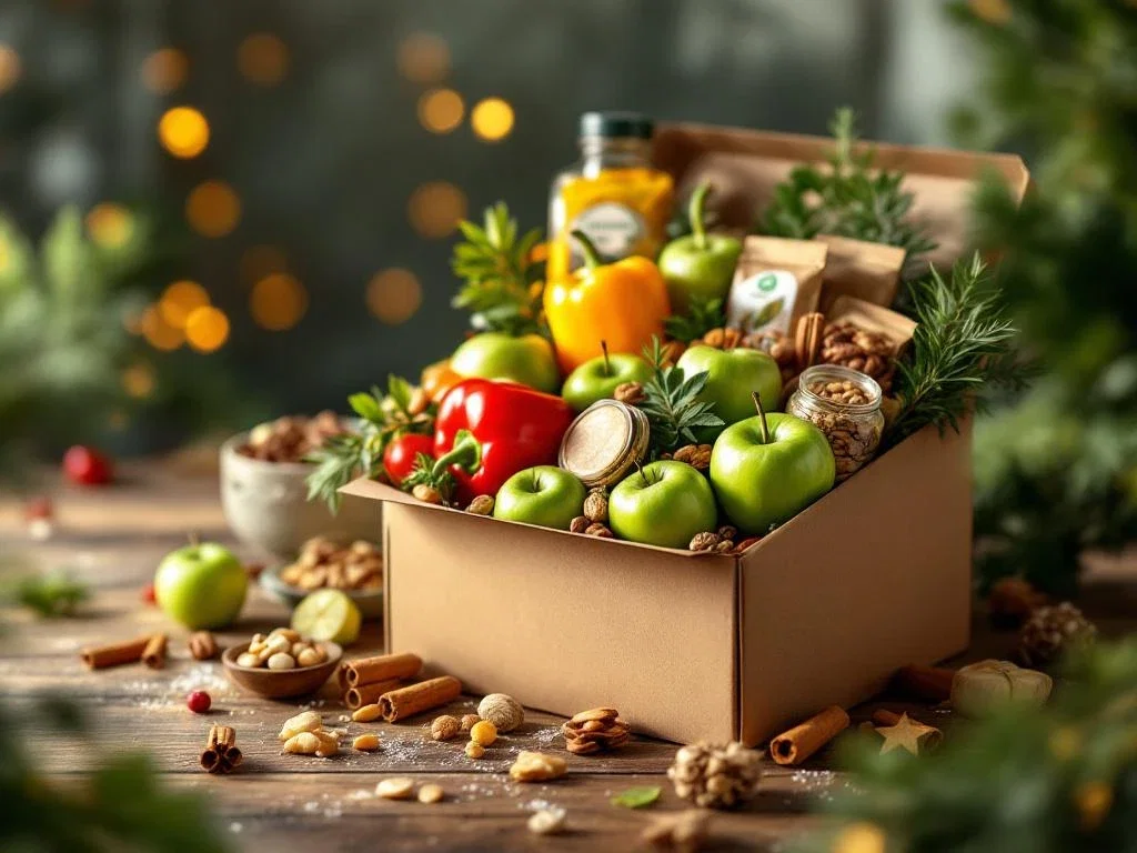 Kerstcadeaubox gevuld met verse appels, paprika's, noten en biologische snacks op rustieke houten ondergrond