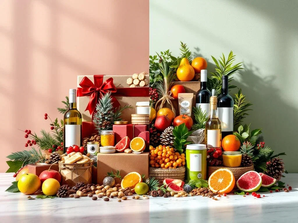 Twee kerstcadeaudozen vergeleken: traditionele box met koekjes en wijn links, gezonde box met fruit en noten rechts