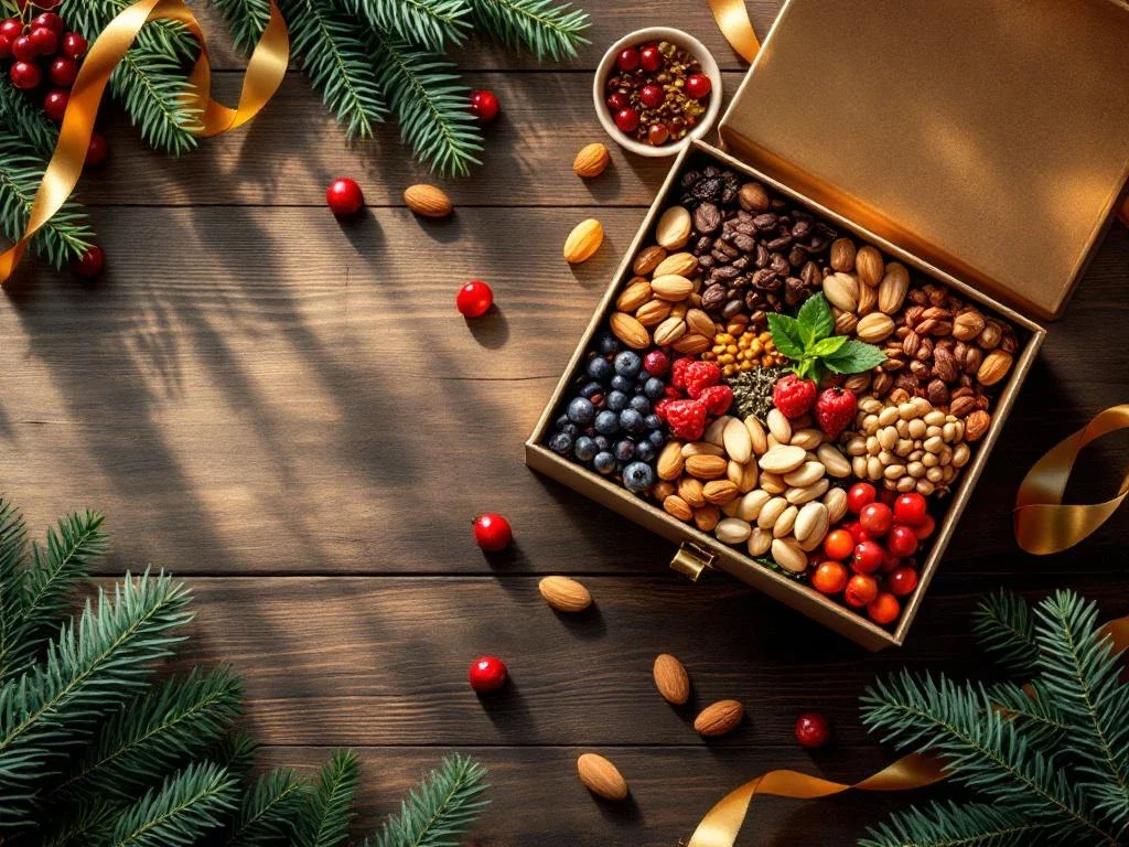 Luxe geschenkdoos met gezonde snacks, noten en gedroogd fruit op houten tafel met kerstdecoratie
