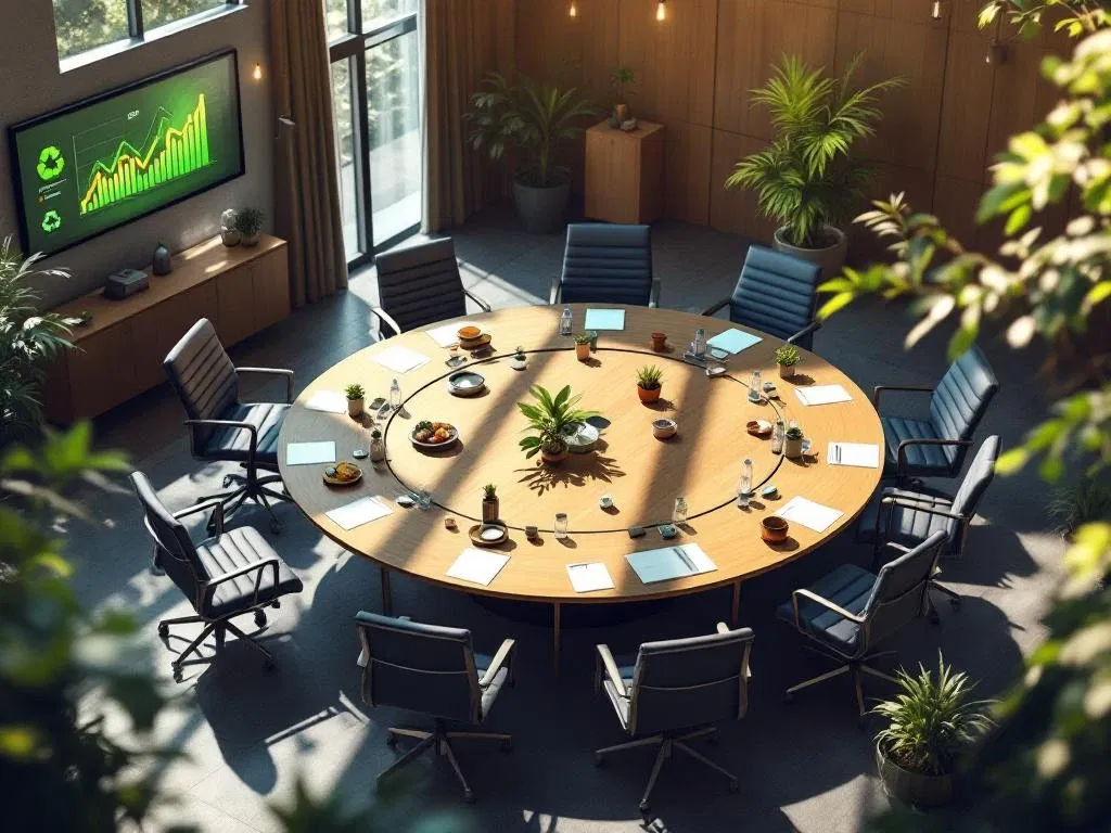 Luchtfoto van moderne vergaderzaal met ronde houten tafel, groene planten, duurzaamheidsgrafieken op wandschermen