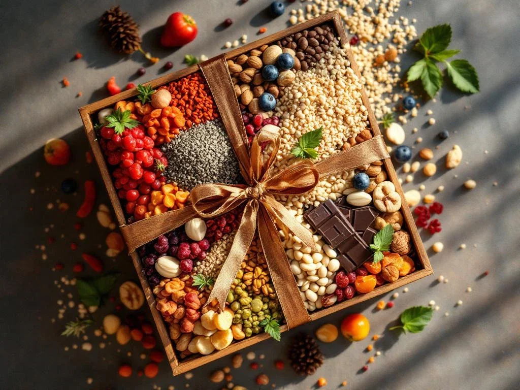 Houten cadeaubox met kleurrijke superfoods zoals gojibessen, chiazaad, quinoa en noten symmetrisch gerangschikt
