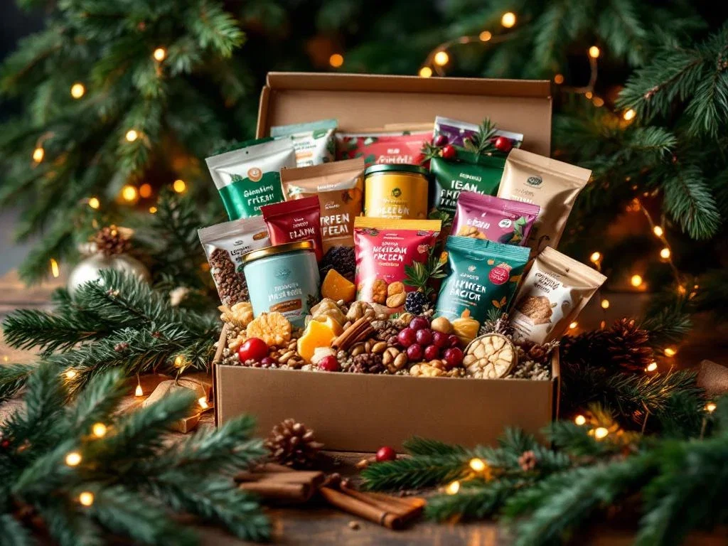 Feestelijke geschenkdoos met veganistische kerstlekkerijen, noten en superfood snacks op houten tafel met dennentakken