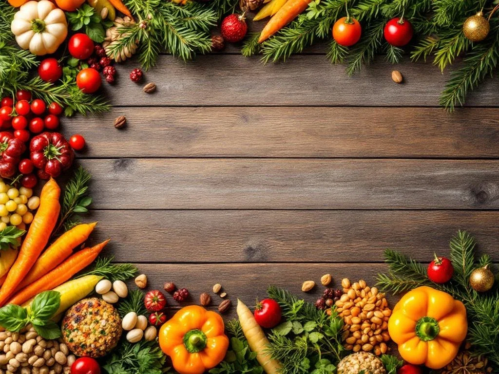 Vegetarische kerstmaaltijd met geroosterde groenten, quinoasalades en plantaardige eiwitten op rustieke houten tafel