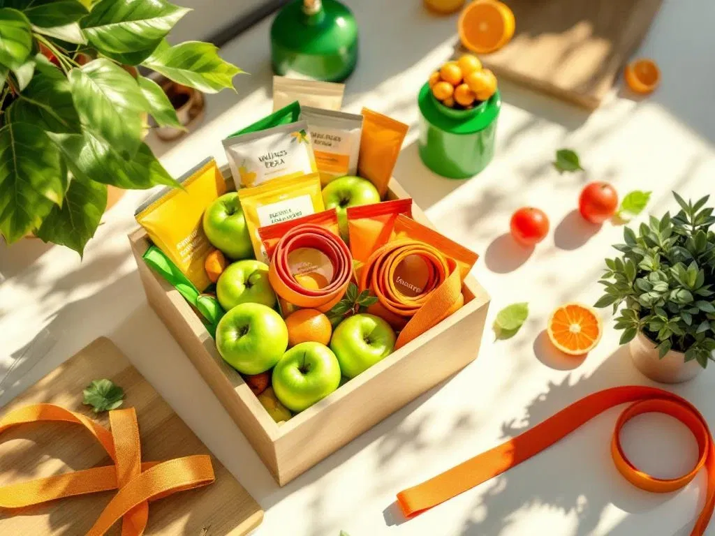 Houten geschenkdoos vol wellness items zoals appels, weerstandsbanden en thee op modern bureauoppervlak, bovenaanzicht