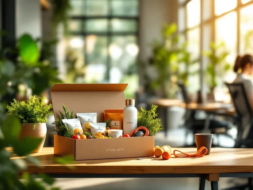 Wellness cadeaubox met gezonde snacks en fitnessaccessoires op moderne kantoorbureau met groene planten en natuurlijk licht