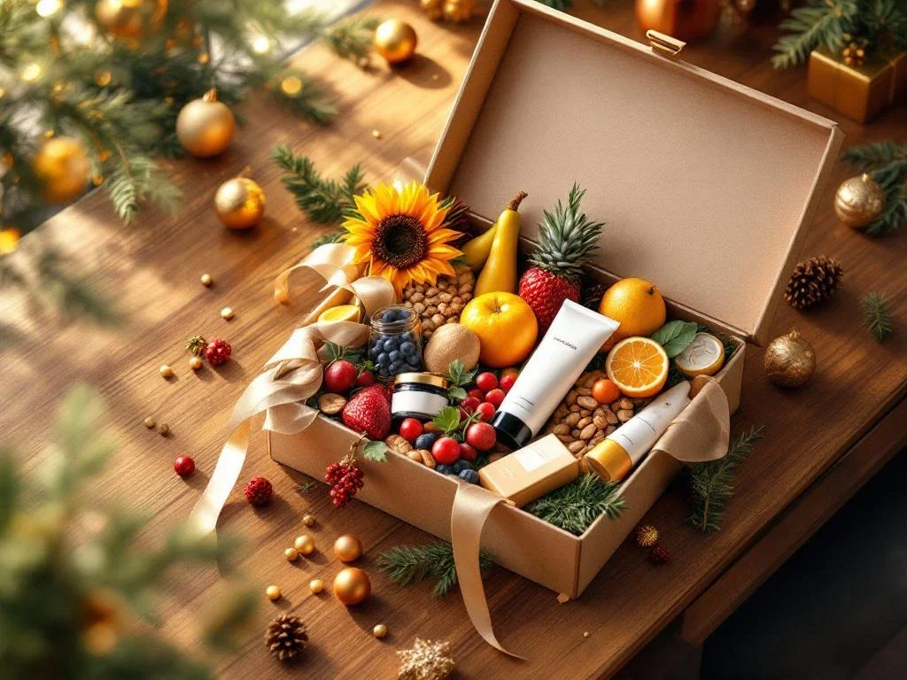 Premium geschenkdoos met verse vruchten, noten en wellnessproducten op houten bureau met kerstdecoratie