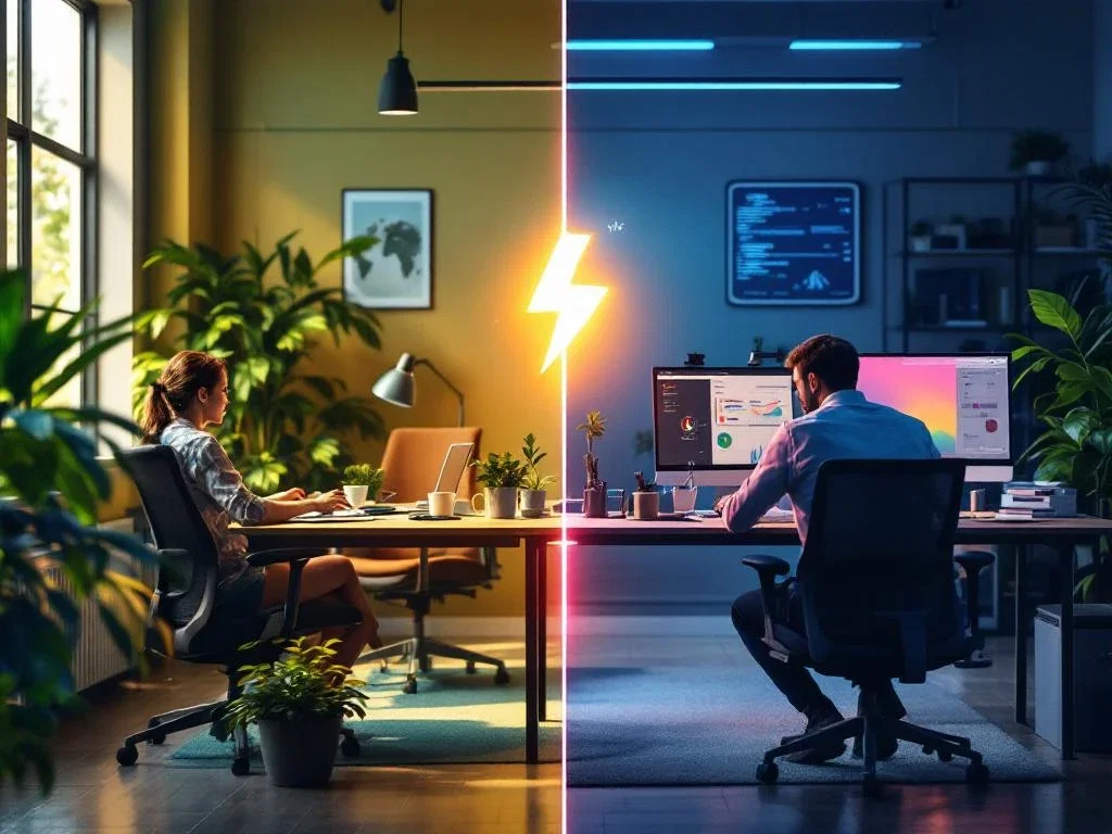 Gesplitst werkruimtebeeld toont energieke, groene kantooromgeving tegenover sombere ruimte met vitaliteitsmeter in centrum