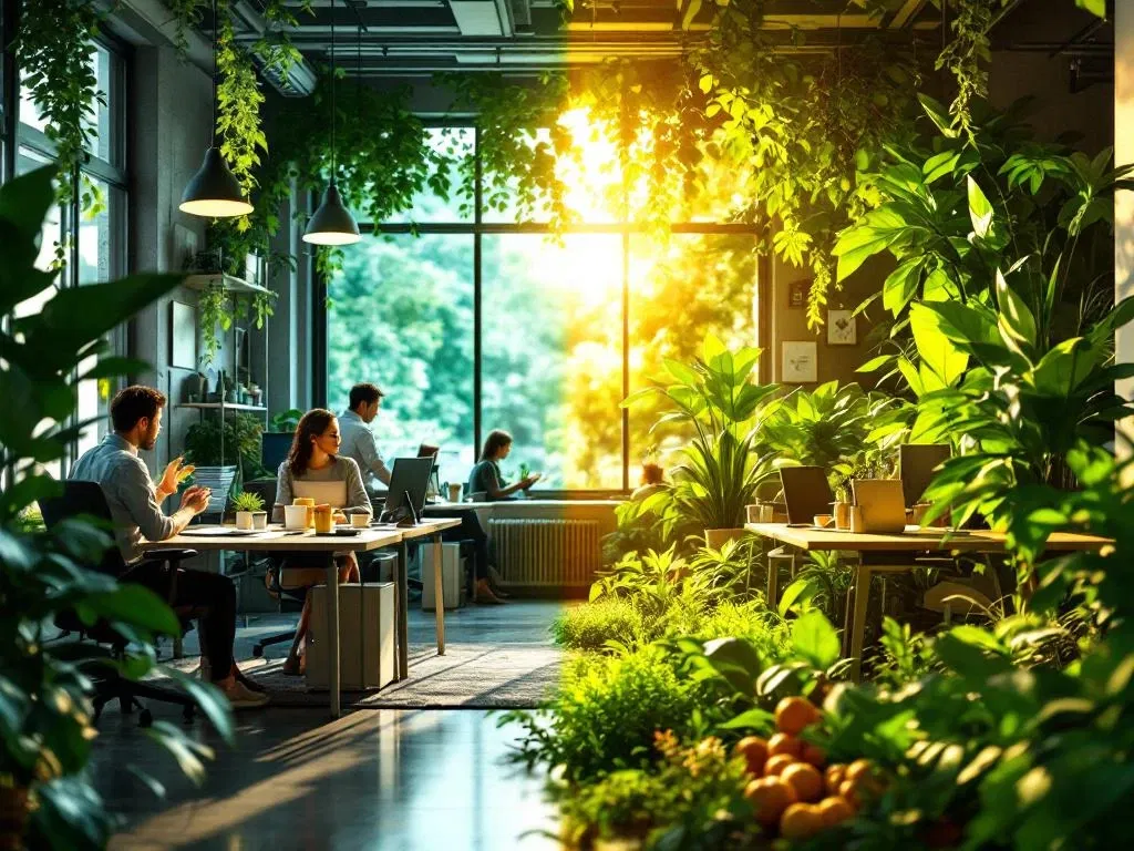 Split-screen kantooromgeving toont transformatie van grijze traditionele werkplek naar groene, gezonde ruimte met werknemers