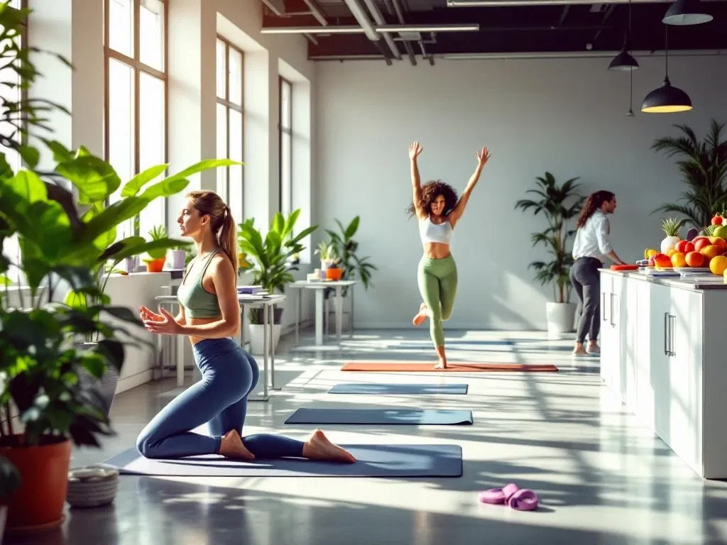Moderne kantooromgeving met sta-bureaus, yogamatten, gezonde snacks en planten in natuurlijk licht voor werkplek vitaliteit
