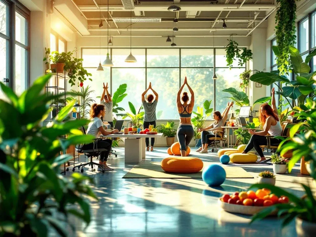 Medewerkers doen yoga en stretches in modern kantoor met planten, gezonde snacks en natuurlijk licht