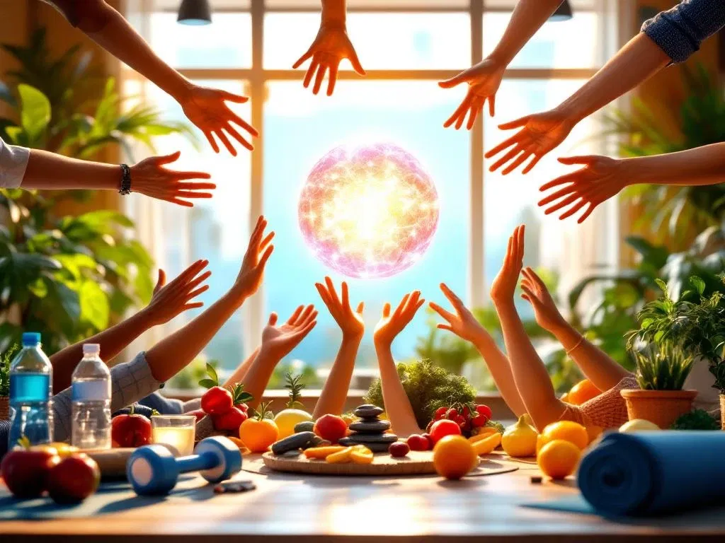 Diverse handen reiken naar gloeiende energiebol omringd door wellness symbolen in moderne kantooromgeving met zonlicht