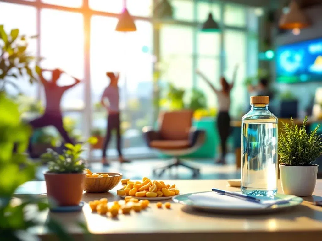 Modern kantoor met werknemers die stretchen, gezonde snacks, planten en ergonomisch meubilair in groen en blauw