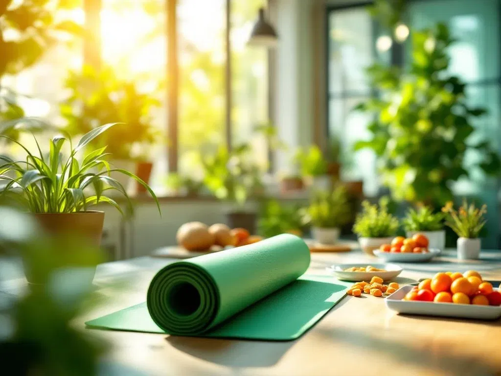 Moderne werkplek met ergonomisch bureau, groene planten, yogamat en gezonde snacks bij groot raam met zonlicht