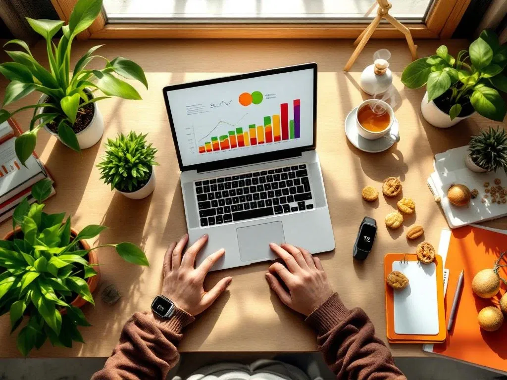 Bovenaanzicht bureau met laptop met groeigrafiek, groene planten, thee en wellness items in natuurlijk licht