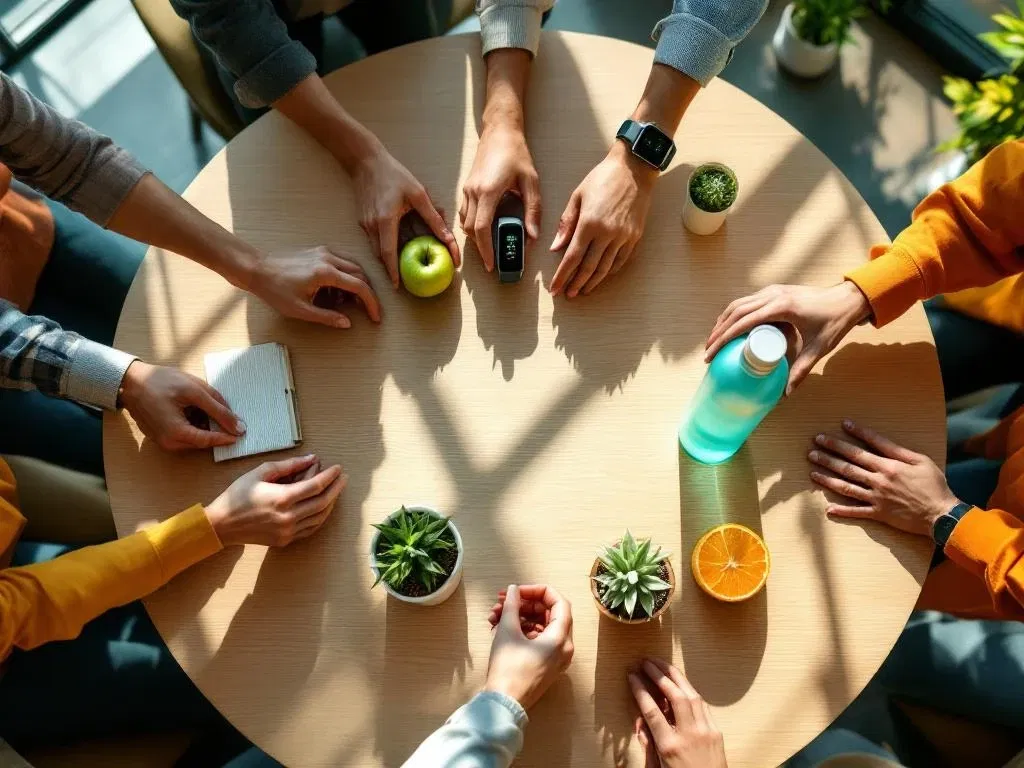 Diverse handen plaatsen wellness items op tafel - appel, waterfles, fitness tracker, plant in modern kantoor