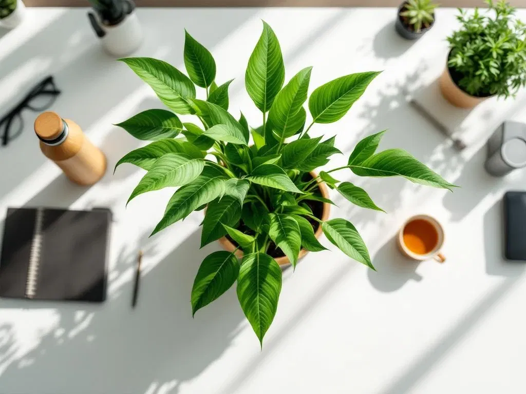 Bovenaanzicht van modern kantoorbureau met groene plant in bamboe pot, houten waterfles en wellness accessoires