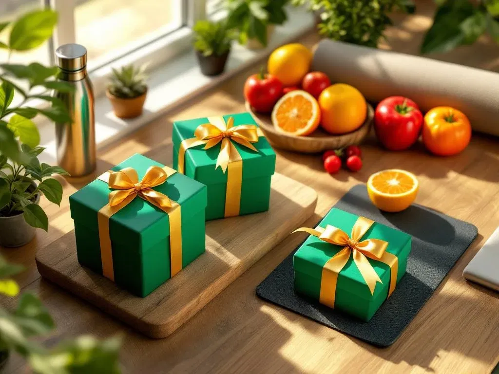 Houten bureau met groene en gouden cadeaudozen naast wellnessartikelen zoals waterflessen, fruit en planten