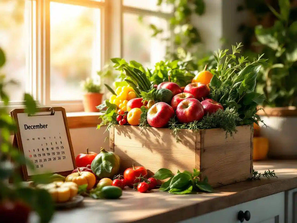 Houten geschenkdoos met verse biologische groenten en fruit op rustieke keukentafel, december kalender zichtbaar