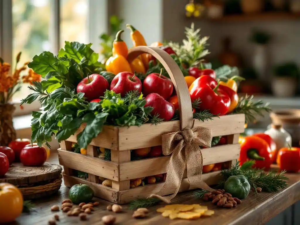 Houten cadeaumand vol biologische groenten en fruit met rode appels en paprika's op rustieke keukentafel
