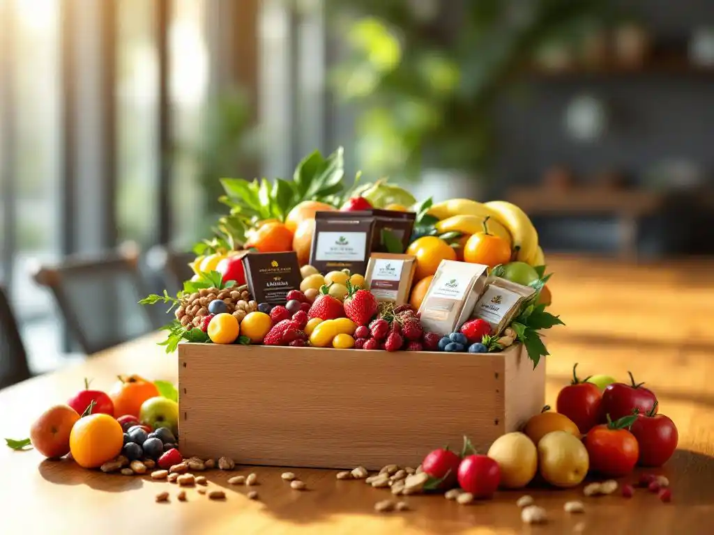 Houten geschenkdoos met verse vruchten, noten en chocolade op moderne vergadertafel met natuurlijk licht