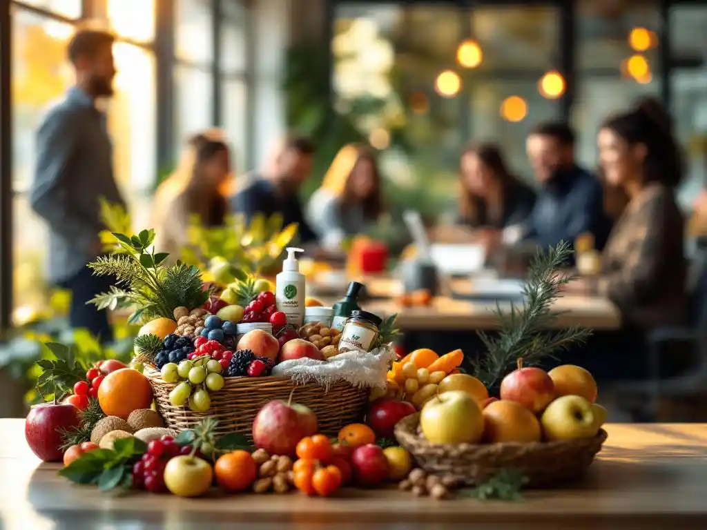 Gezonde kerstcadeaumand met biologisch fruit en noten op bureau, blije medewerkers op kantoor in warme sfeer