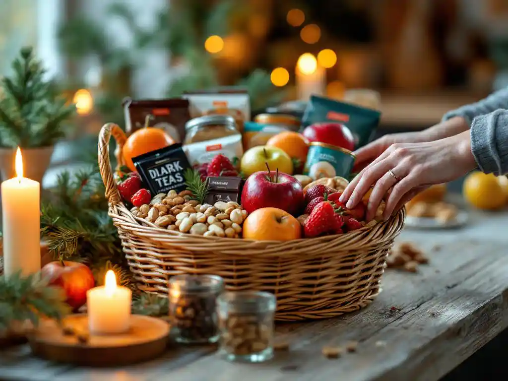 Kerstcadeaumand vol biologisch fruit, noten en chocolade op houten tafel, handen plaatsen rode appel erin