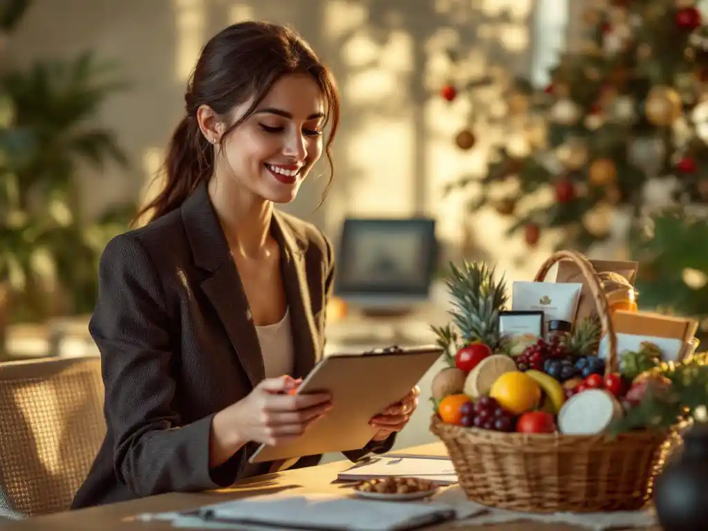 Professionele vrouw in pak bekijkt gezonde kerstcadeaumand met biologisch fruit en noten op kantoorbureau