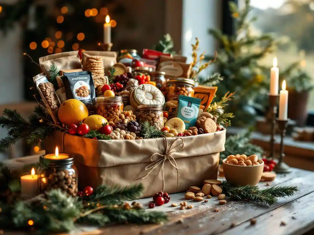 Kerstcadeaumand met gezonde traktaties, noten, glutenvrije crackers en chocolade op rustieke houten tafel met kaarslicht